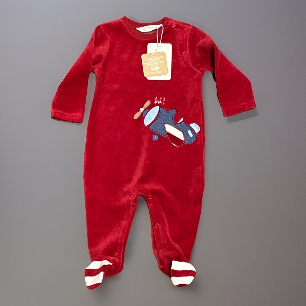 NWT Mayoral Velvet Newborn Sz 4-6 Months Red Burgundy Airplane Footed‎ Sleeper